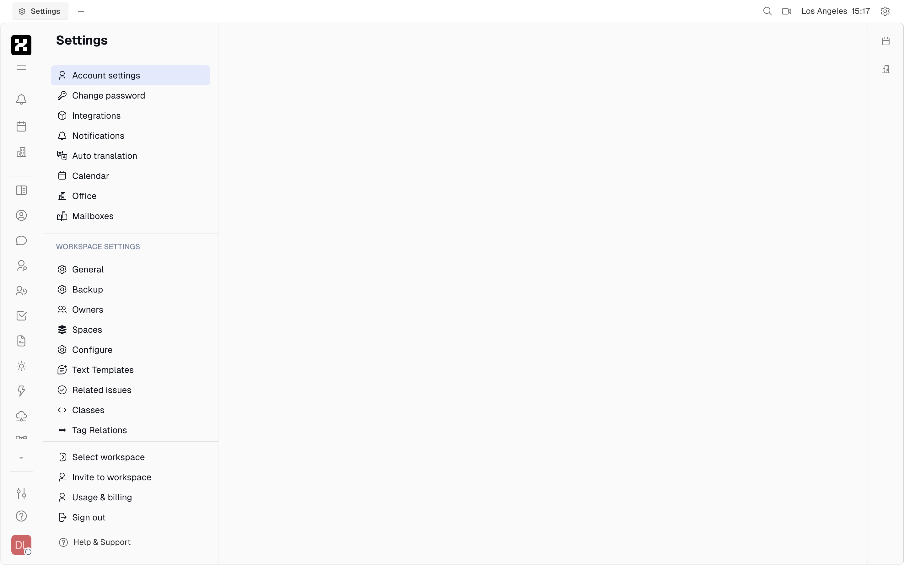 Account settings (profile, password, integrations, notifications, calendar)