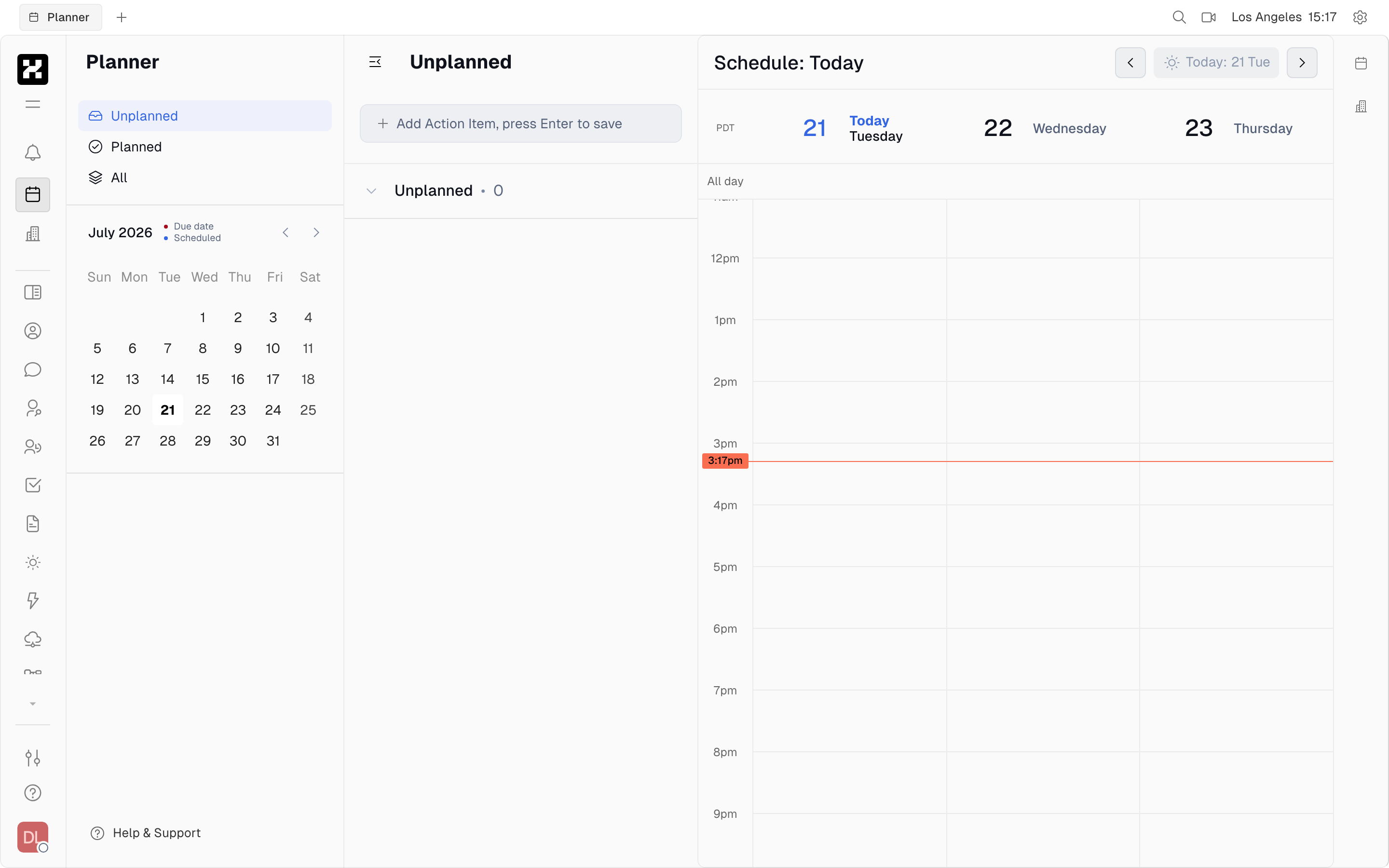 Planner: Unplanned/Planned/All with the month calendar and daily schedule grid