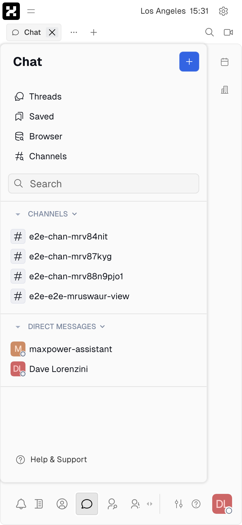 Chat navigator with the Channels list and Direct messages (mobile)
