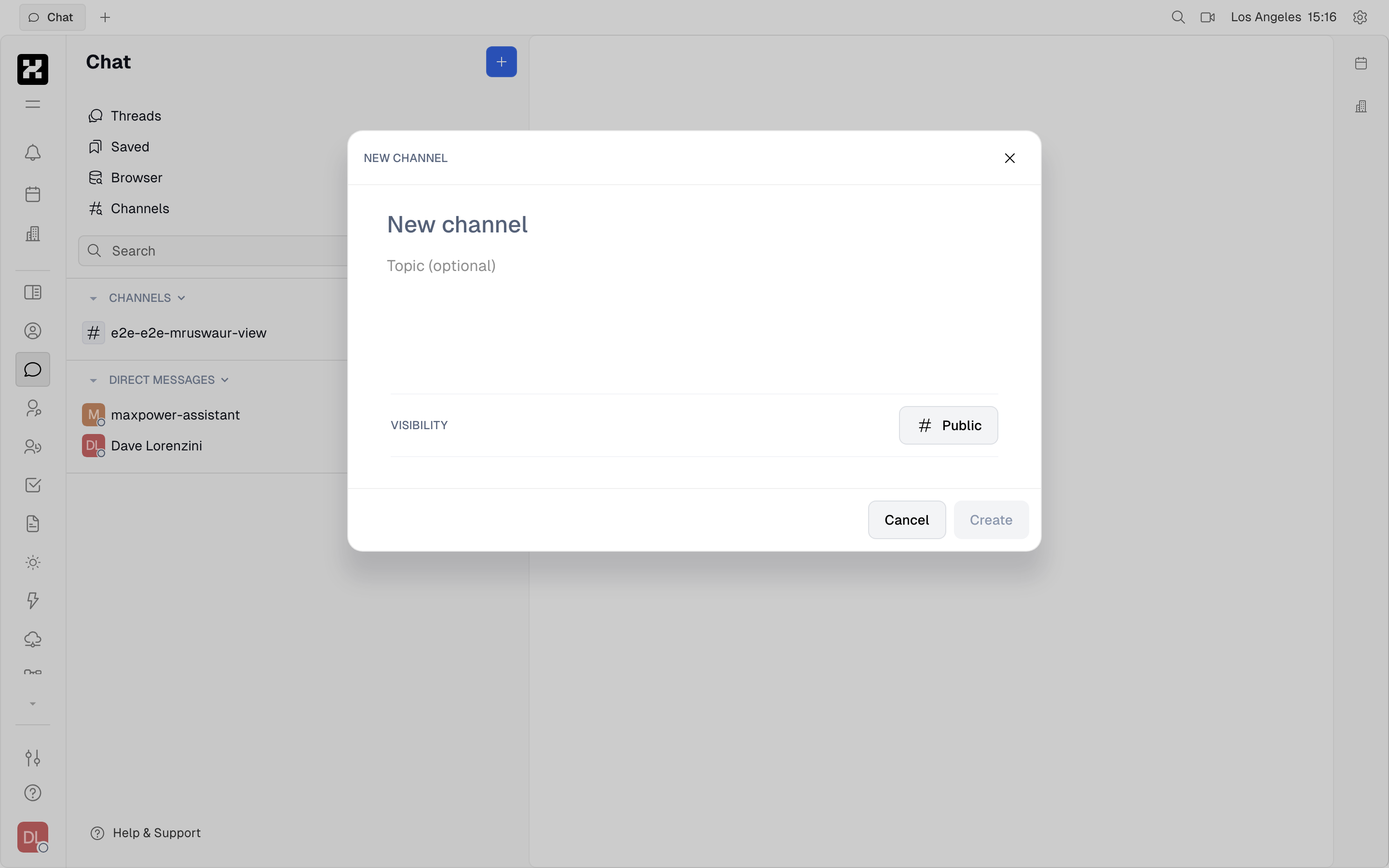 New Channel dialog: name, topic, and Public/Private visibility