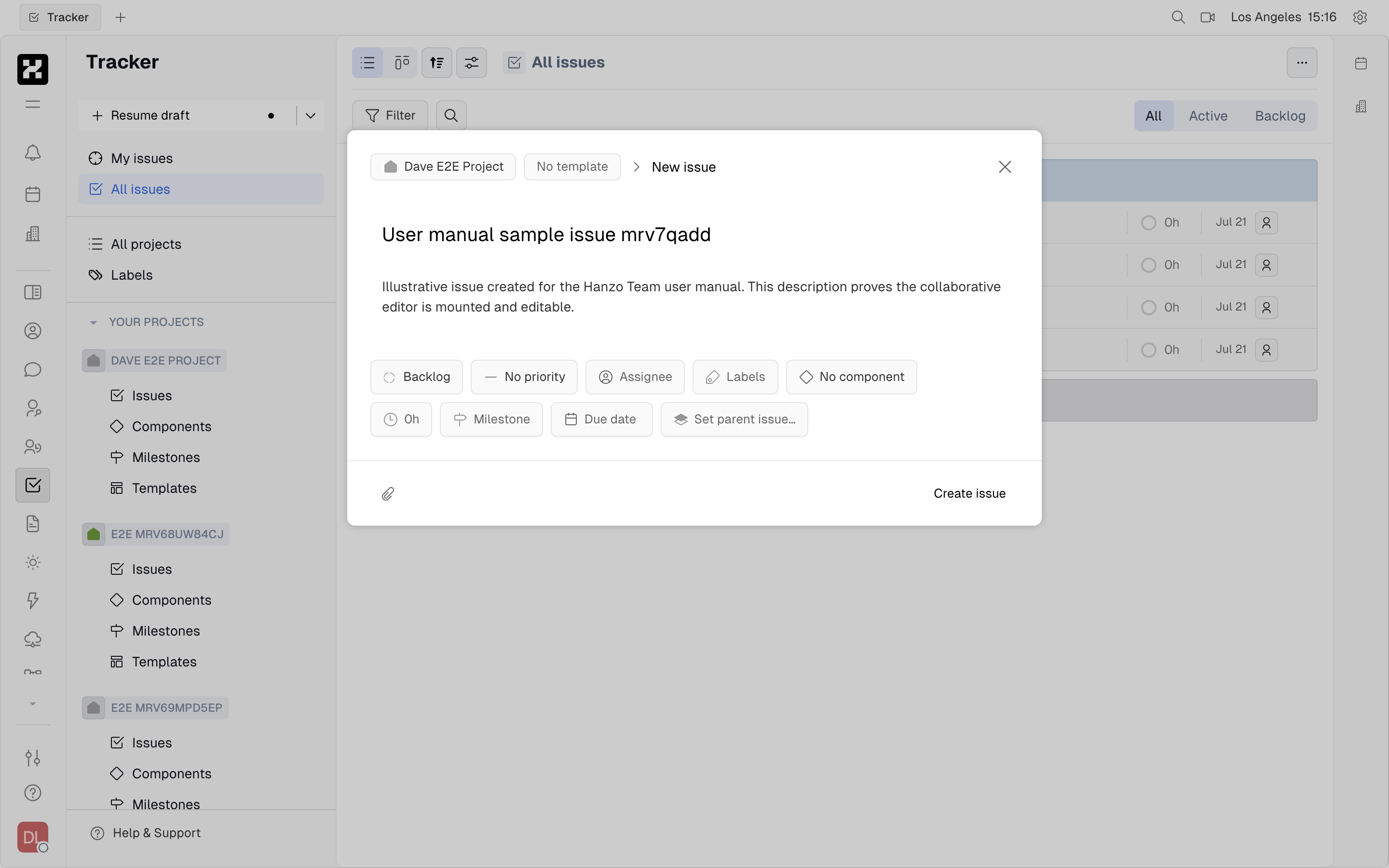 New Issue dialog: title, rich-text description, Status/Priority/Assignee/Labels/Milestone/Due date