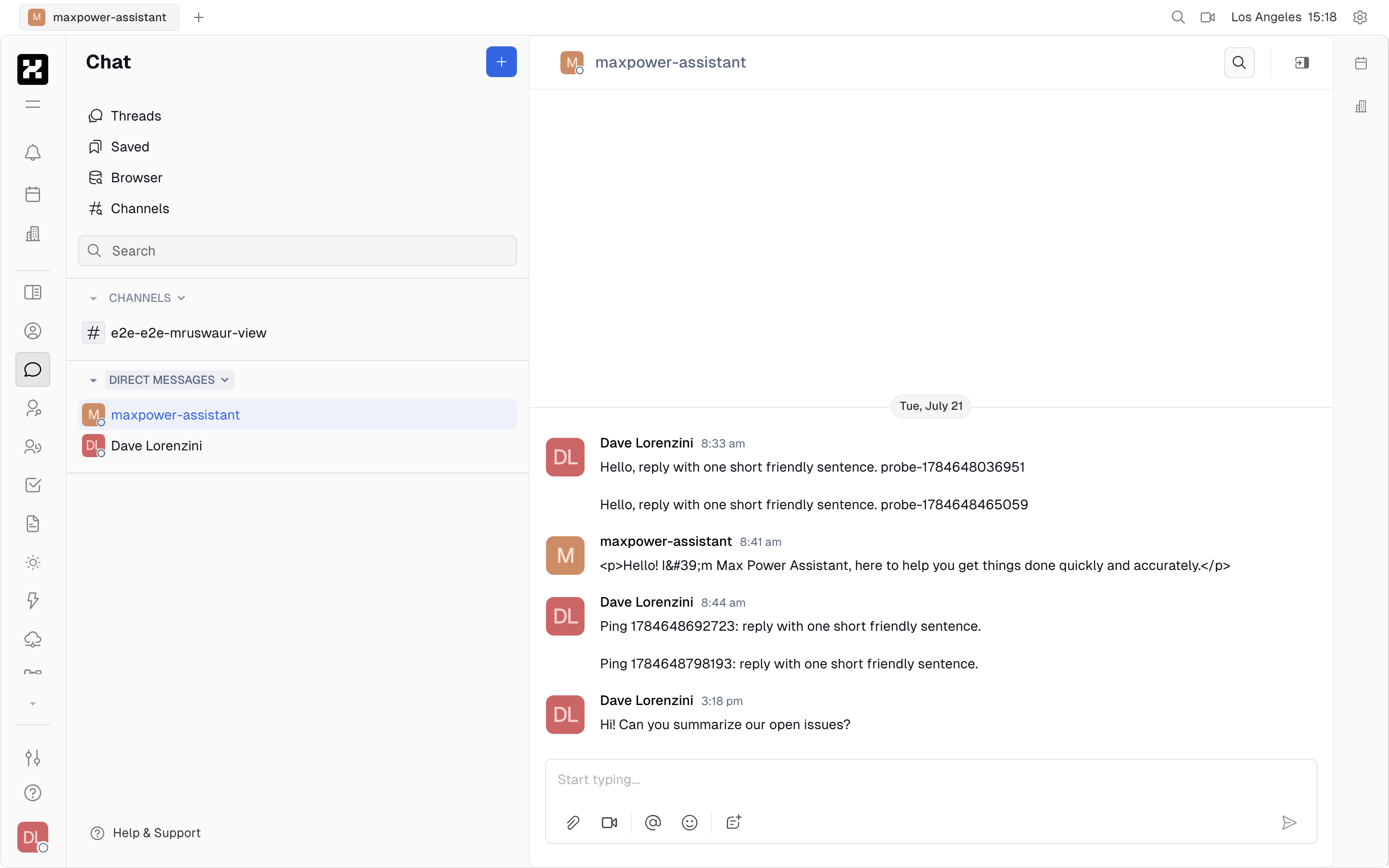 A direct-message thread with an agent/bot member, showing the bot reply