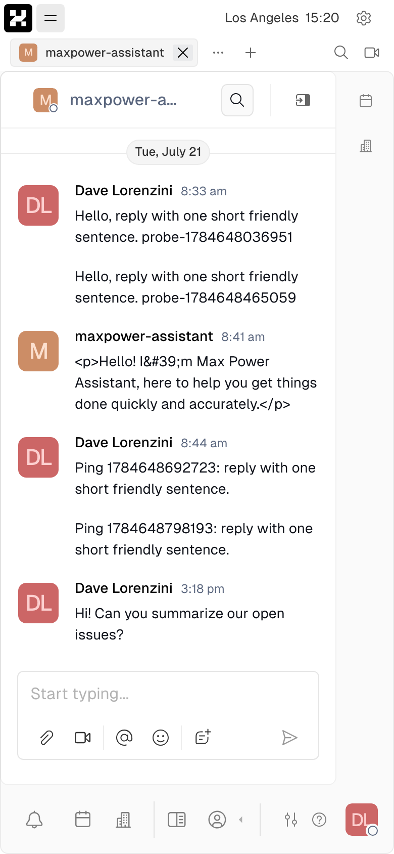 A direct-message thread with an agent/bot member, showing the bot reply (mobile)