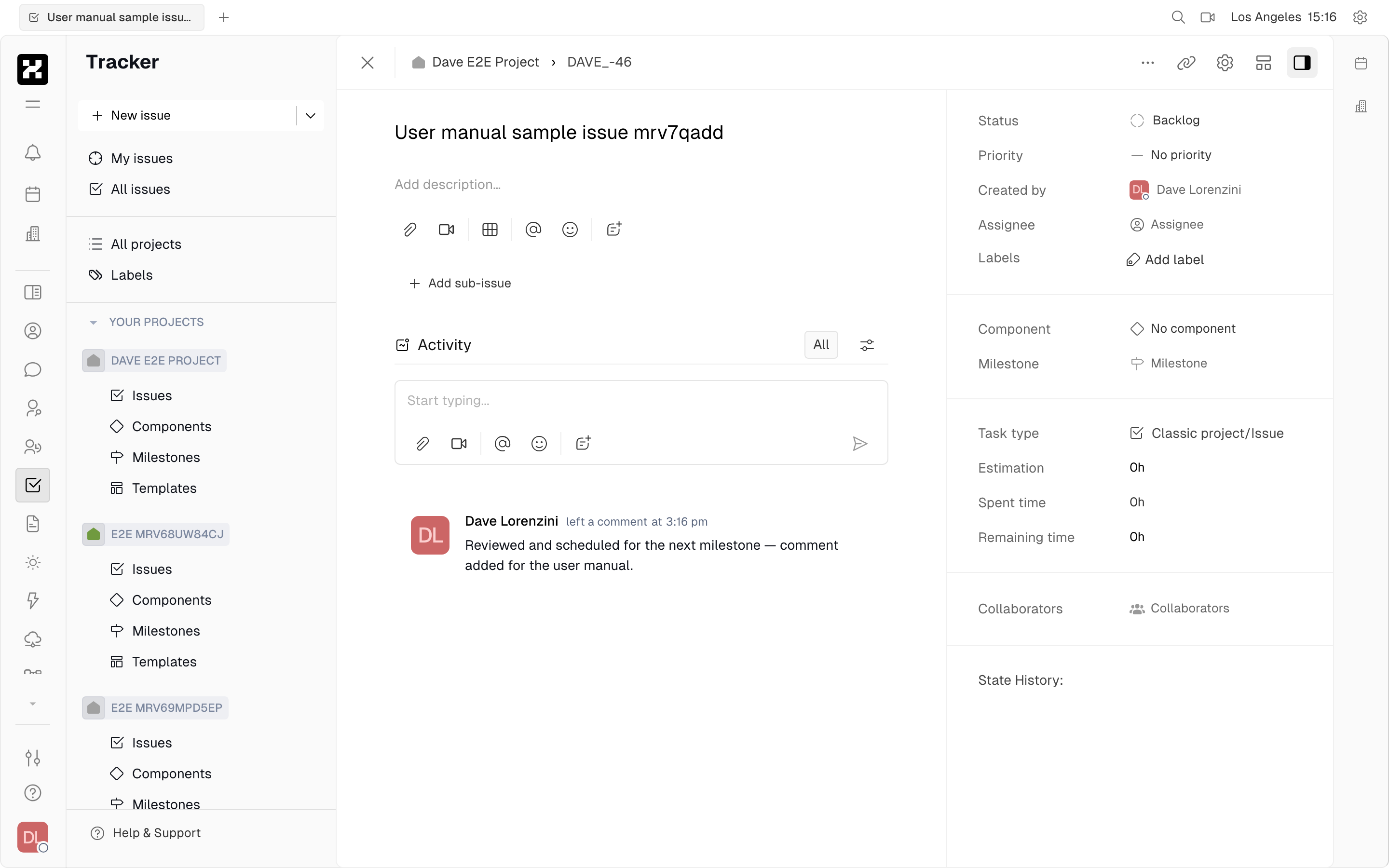 Issue detail: description, Activity feed with a comment and State History, Status/Priority side panel
