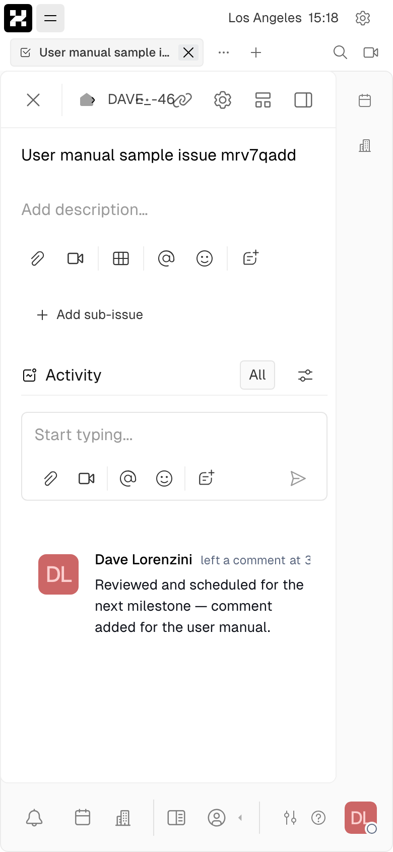 Issue detail: description, Activity feed with a comment and State History, Status/Priority side panel (mobile)