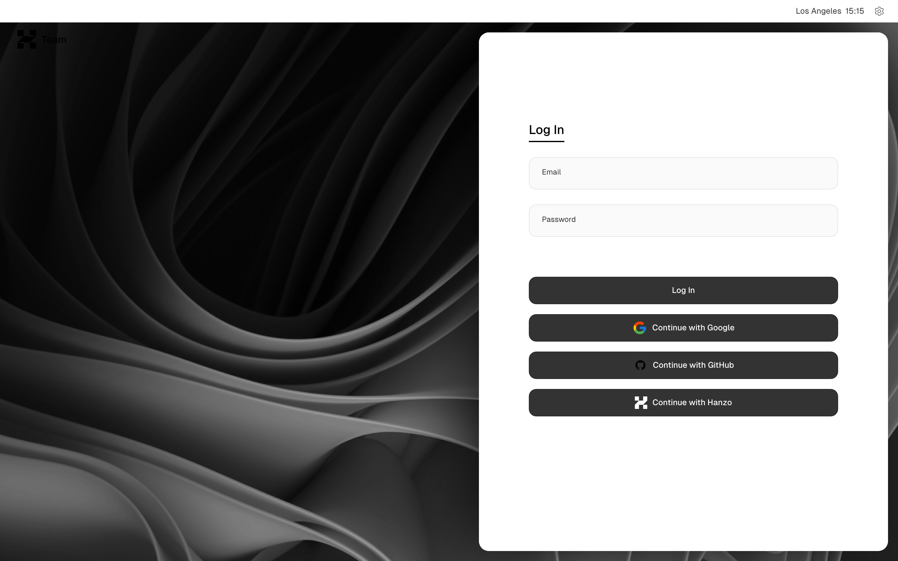 hanzo.team login page — native email + password form with Google, GitHub and Hanzo SSO