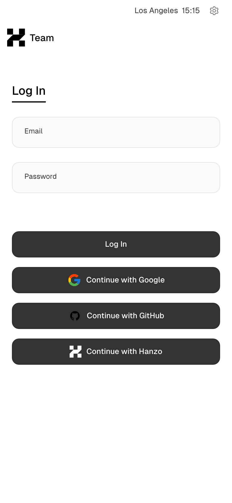 hanzo.team login page — native email + password form with Google, GitHub and Hanzo SSO (mobile)