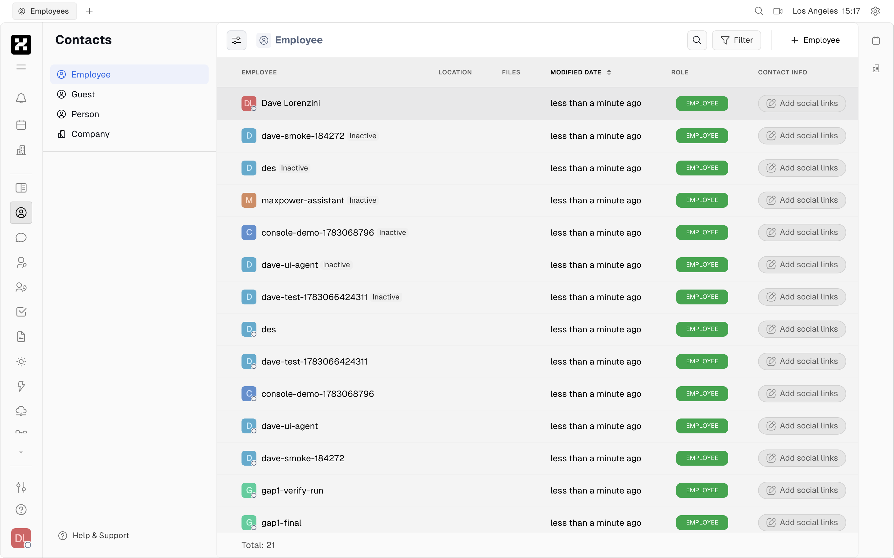 Employee/person directory with names, roles and contact info