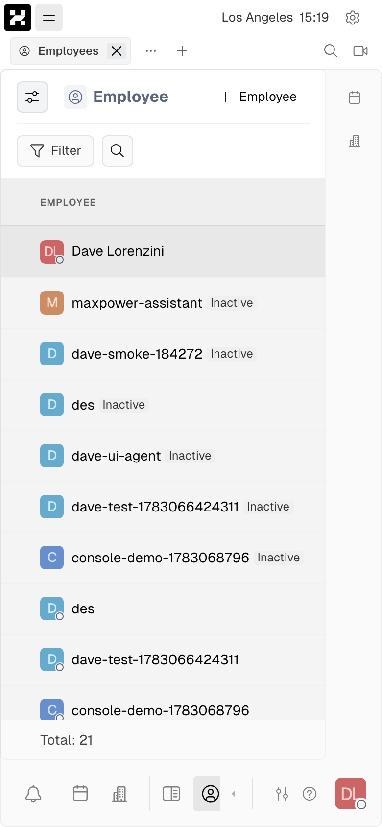 Employee/person directory with names, roles and contact info (mobile)