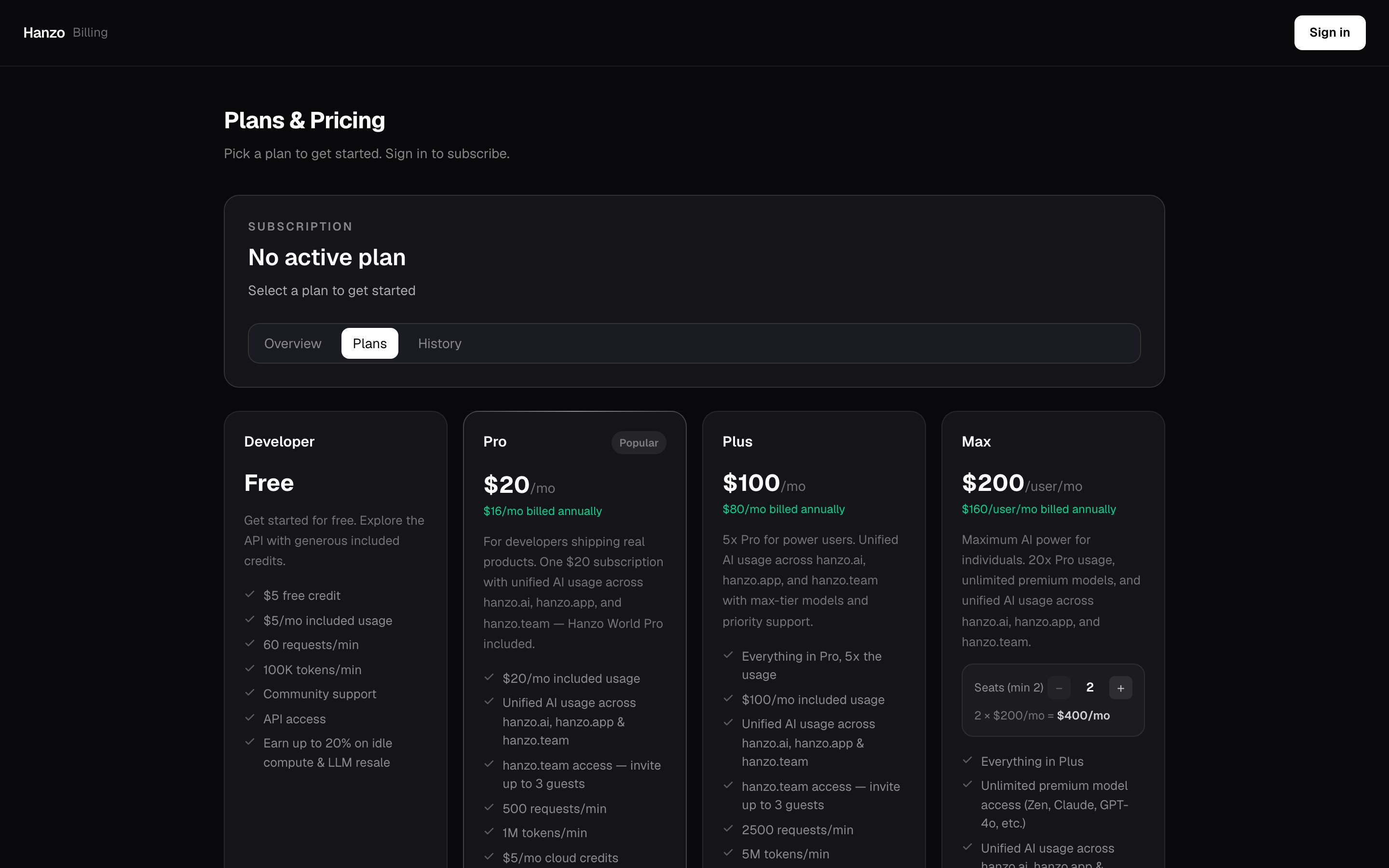 billing.hanzo.ai logged-out Plans & Pricing (Developer/Pro/Plus/Max)
