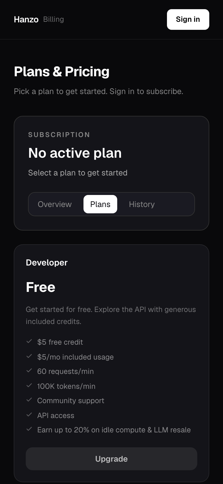 billing.hanzo.ai logged-out Plans & Pricing (Developer/Pro/Plus/Max) (mobile)
