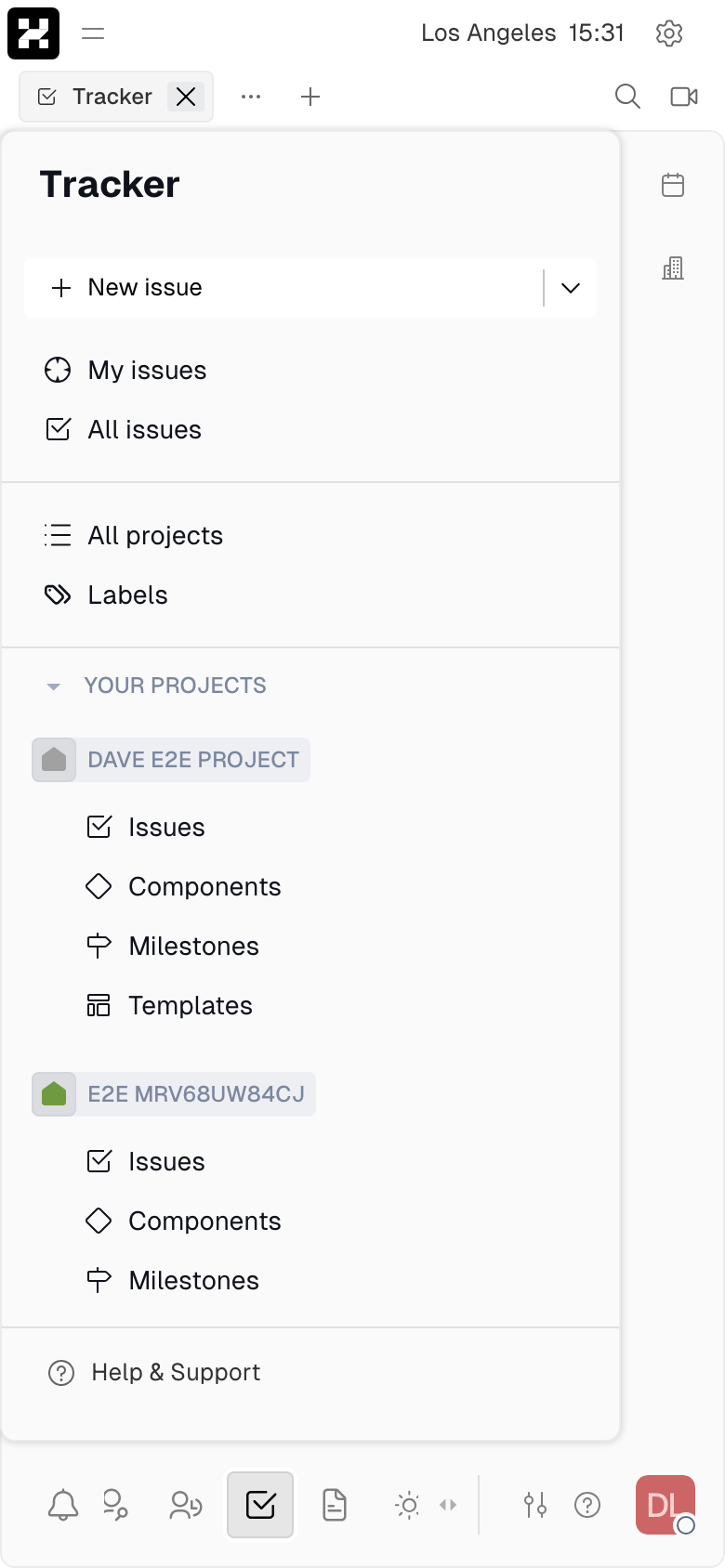 Tracker project navigator listing projects with Issues, Components, Milestones, Templates (mobile)