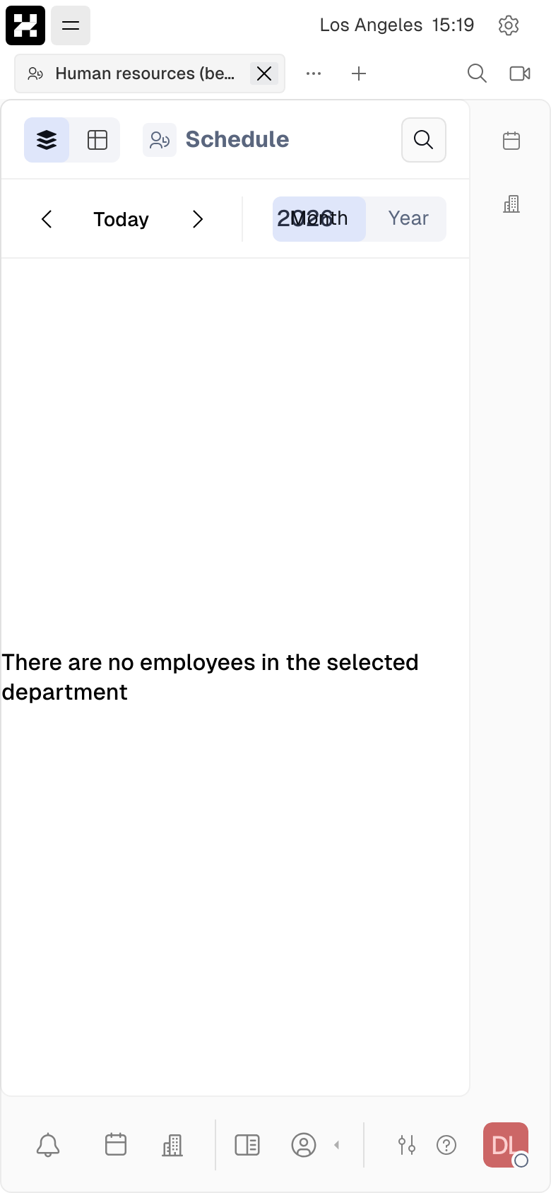 HR module Schedule view (month/year, departments, time off) (mobile)