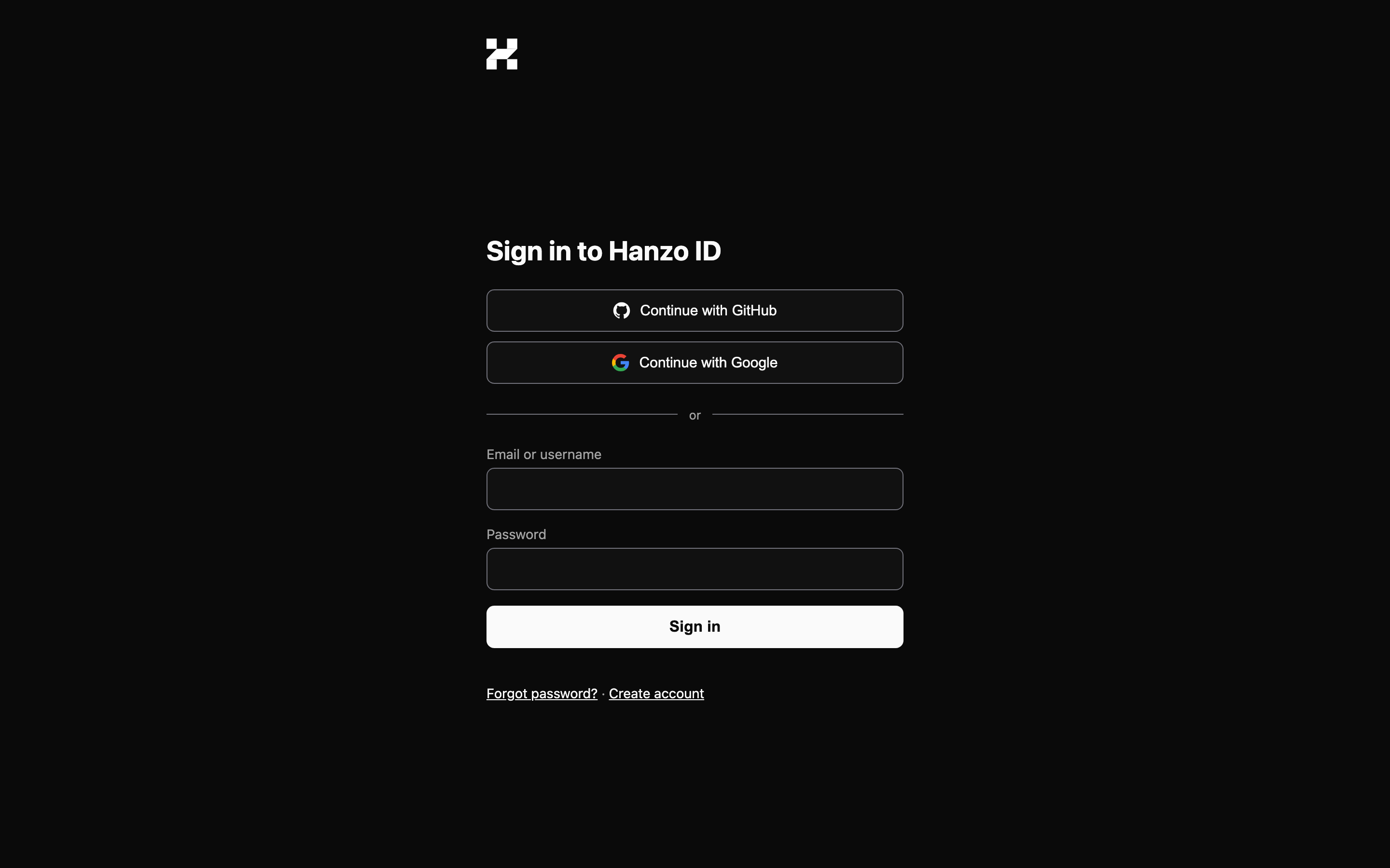 The hanzo.id SSO authorize screen (Continue with Hanzo) — email/username + password