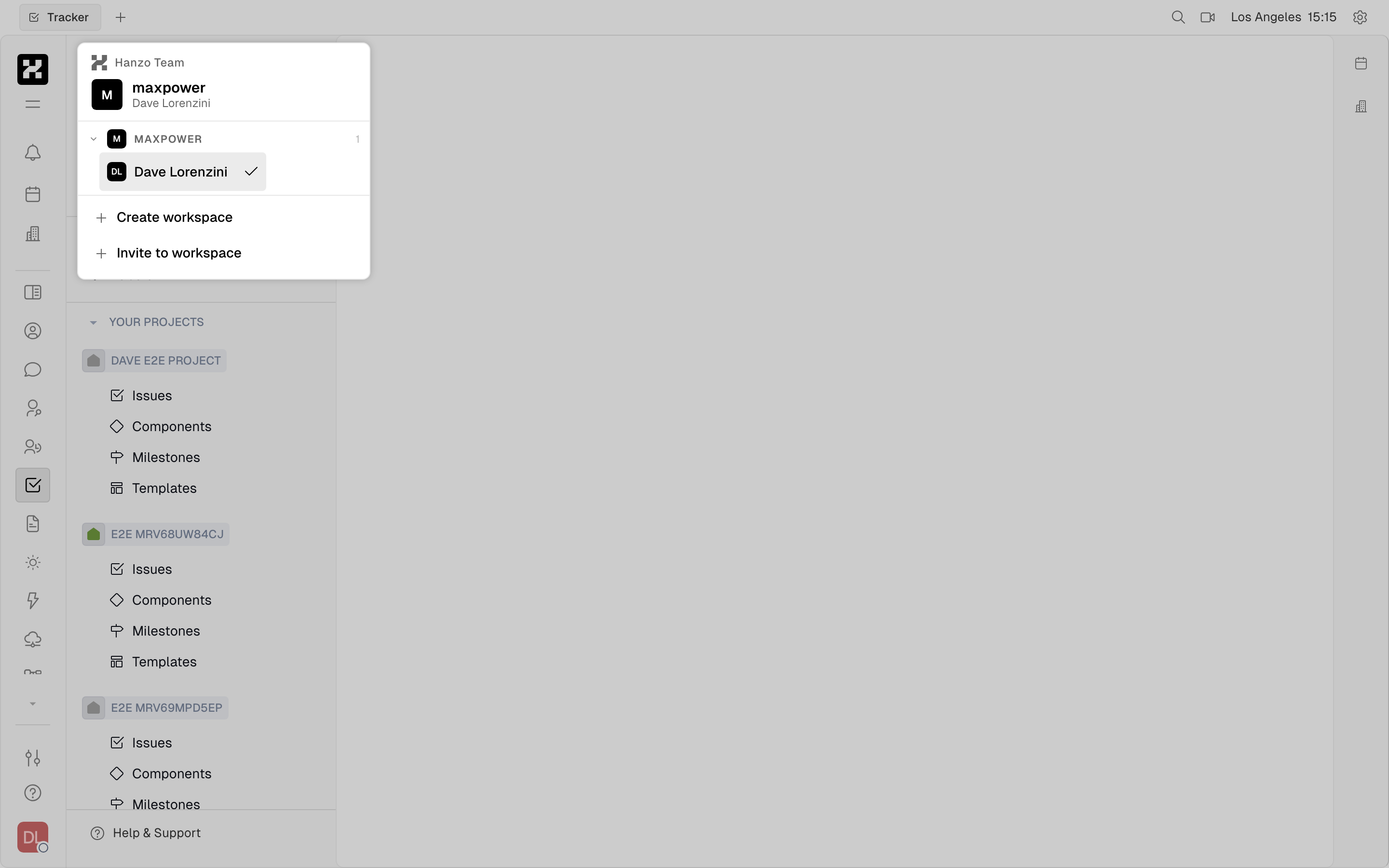 Org-grouped workspace switcher (org heading over its workspaces, Create/Invite to workspace)