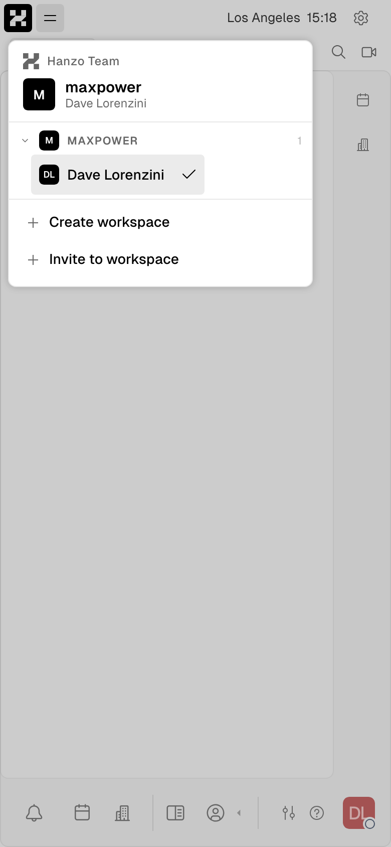 Org-grouped workspace switcher (org heading over its workspaces, Create/Invite to workspace) (mobile)