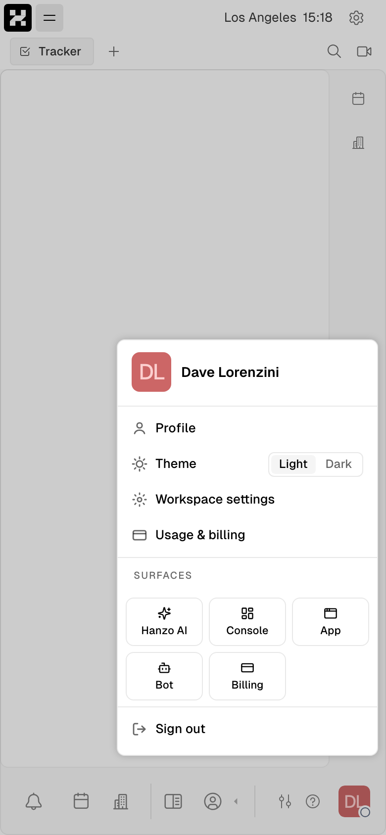 Account menu: Profile, Theme (Light/Dark), Workspace settings, Usage & billing, Sign out (mobile)