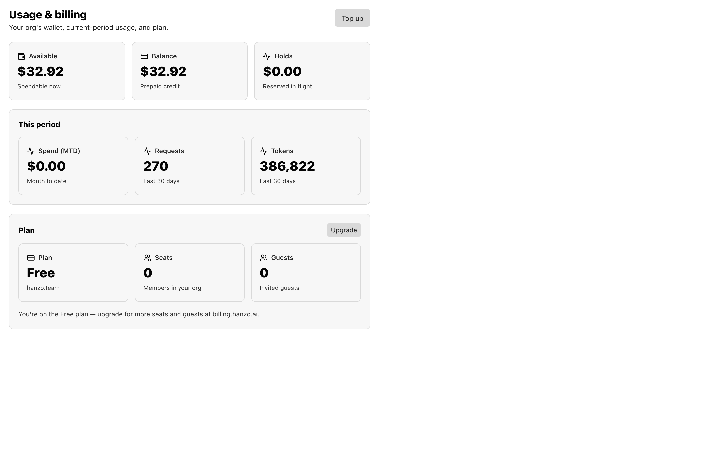 Team wallet: Available/Balance/Holds, this-period usage, plan label, seat count, Top up