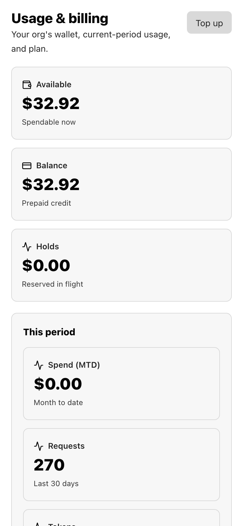 Team wallet: Available/Balance/Holds, this-period usage, plan label, seat count, Top up (mobile)