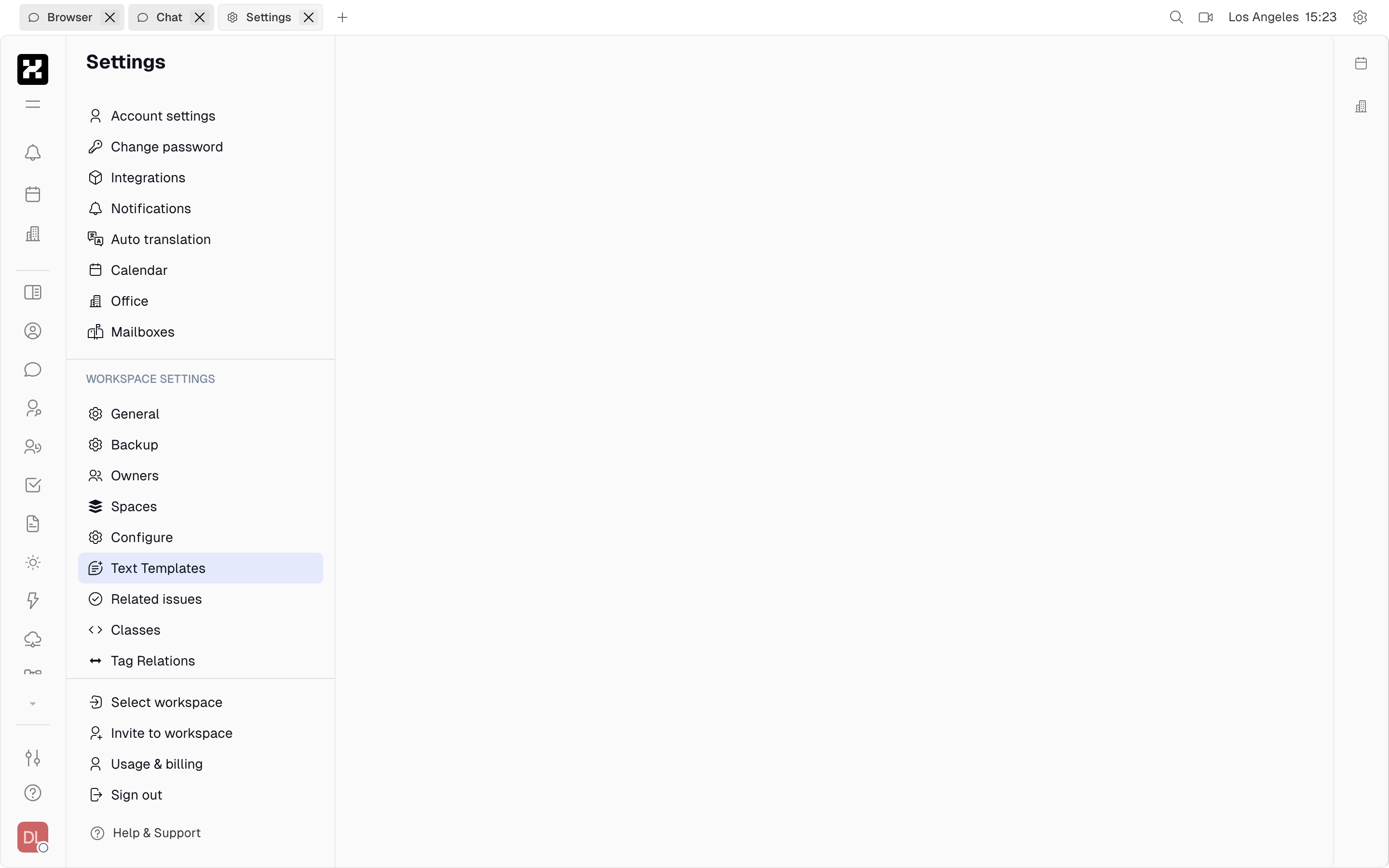 Workspace settings: General, Backup, Owners, Spaces, Text Templates, Classes