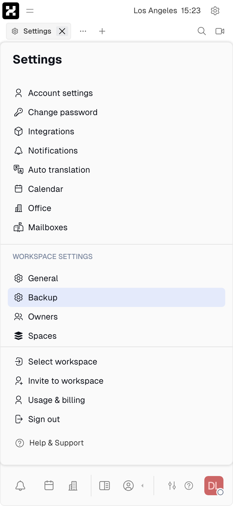 Workspace settings: General, Backup, Owners, Spaces, Text Templates, Classes (mobile)